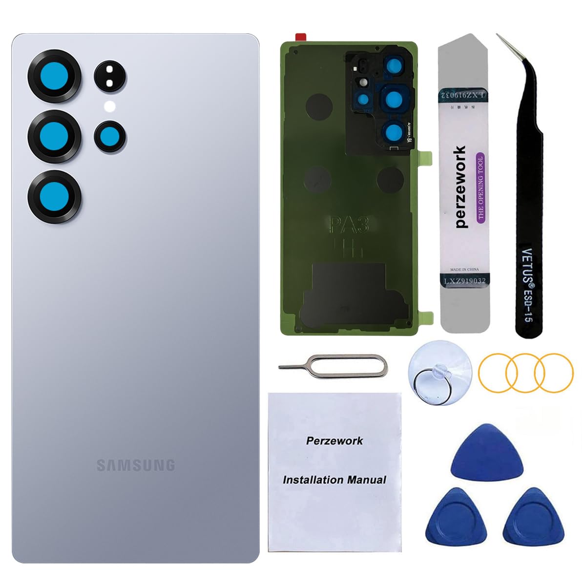 Perzework Rear Back Glass Replacement for Samsung Galaxy S25 Ultra 6.9-inches with Reparing Toolkit(Titanium Silverblue)