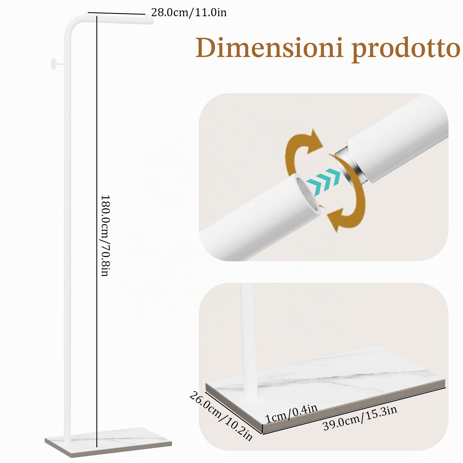 OUTBORS Attaccapanni da Terra,Metallo Appendiabiti da Moderno, Autoportante Porta abiti con Ganci, per Soggiorno, Camera da Letto, Ufficio, 39 x 26 x 180 cm, Bianco