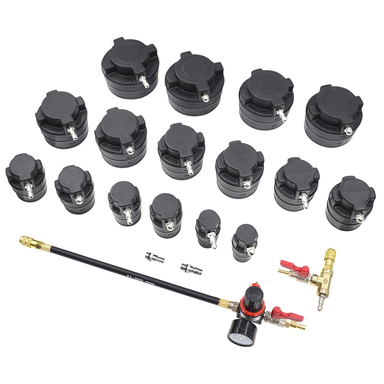 Yuesstloo 19PCS Turbo System Leakage Tester Kit, Turbo Boost Leak Tester with 8 Pairs of Stepped Adapters (1-1/4'' to 4-1/4'') Air Pressure Gauge Cooling System Radiators Intercoolers Hose Leaks Test