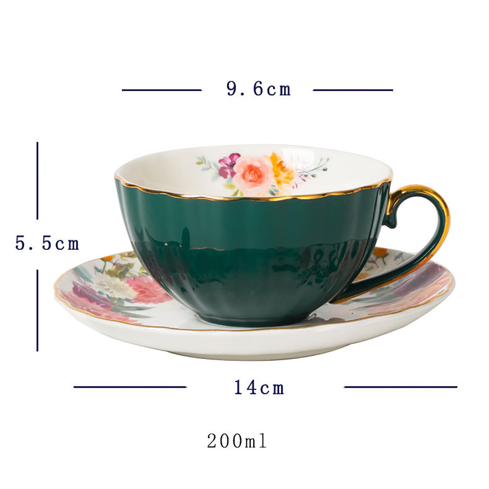 Juego de Tazas y platillos de té de Porcelana China de 2,200 ml,Taza de café con diseño Floral,Taza de café con Leche y Capuchino,Taza de té de Porcelana con platillos y Cuchara, A
