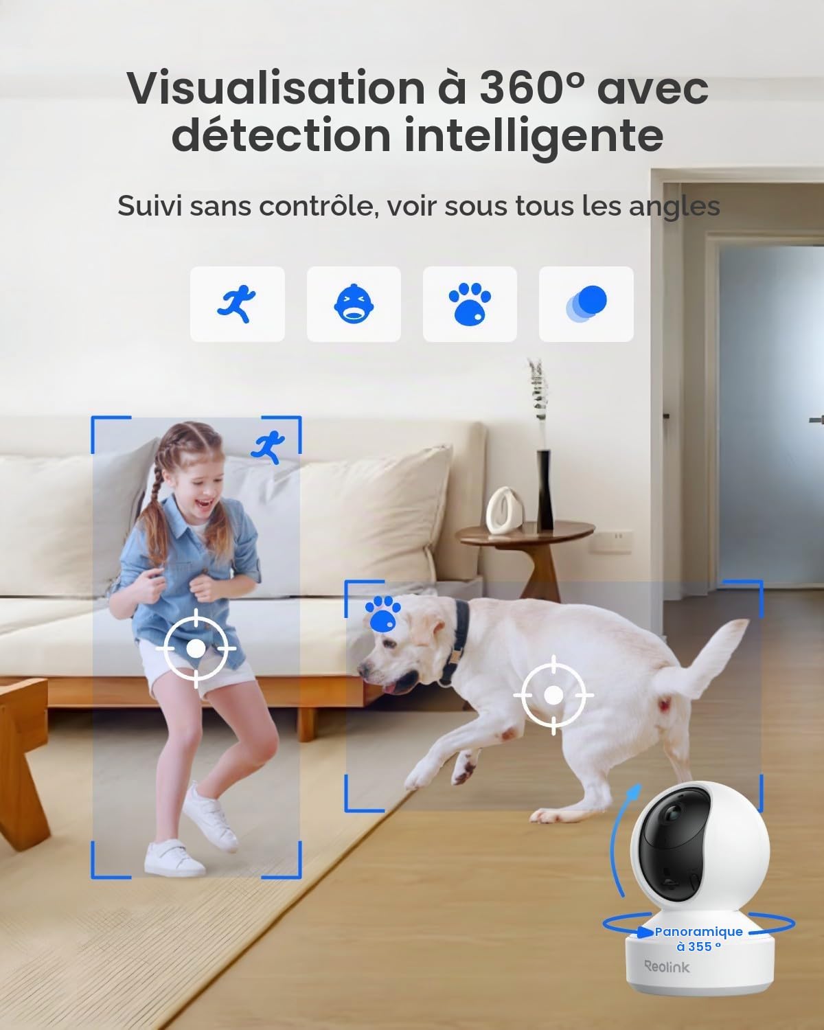 Reolink Lot de 2 Caméras Surveillance WiFi Intérieure E1 Pro 3K 5MP (Blanc & Noir), 360° PT, Suivi Automatique, Détection de Pleurs de Bébé/Personnes/Animaux, WiFi Bi-Bande, Vision Nocturne