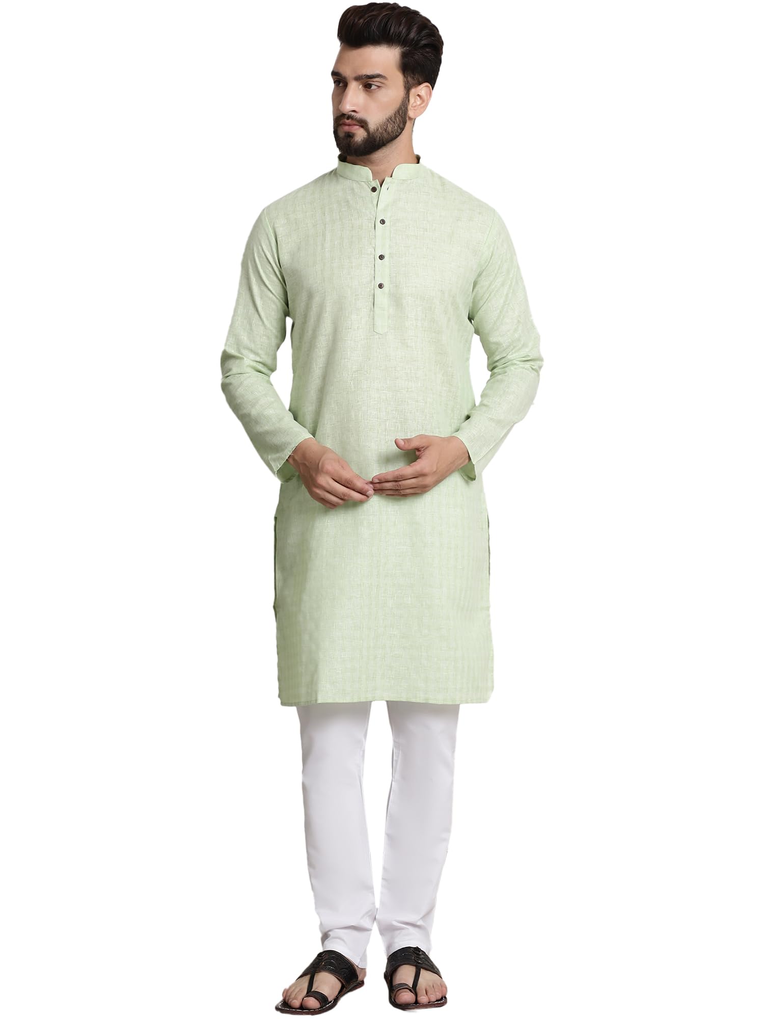 Sojanya (Since 1958 Men's Cotton Blend Green Checked Kurta And White Churidar Pyjama Set