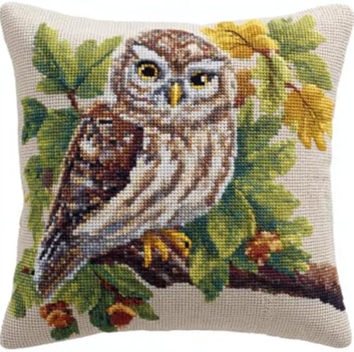 FanZheZhe Stamped Cross Stitch Pillow Kits 45X45Cm Embroidery Pillowcase Owl on a Branch 11Ct Counted Needlepoint Handmade Cushion Cover Cross Stitch Cushion Cover Embroidery Kit Pillow Cases