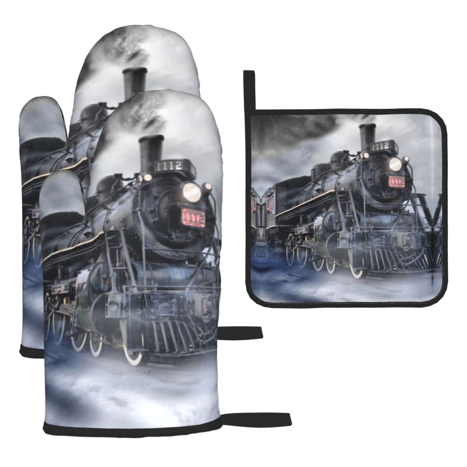 Steam Train Clouds Oven Mitts and Pot Holder Kitchen Set for Grilling, Cooking, Baking, Heat Resistant