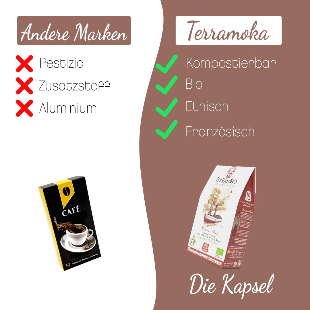 TERRAMOKA - Exzellenter Bio-Kaffee - 100% reiner Arabica aus Peru - Fruchtig, nuanciert und rassig - 300 Kapseln Kompatibel Zero Waste - Mr Albert- Frankreich