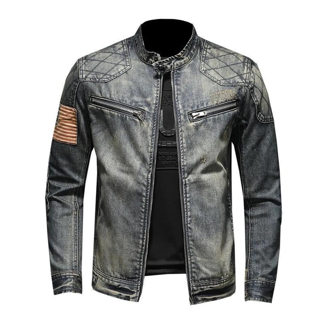Męska kurtka dżinsowa w stylu vintage z zamkiem błyskawicznym slim fit jeans długi rękaw luźna kieszeń zamek kurtka dżinsowa