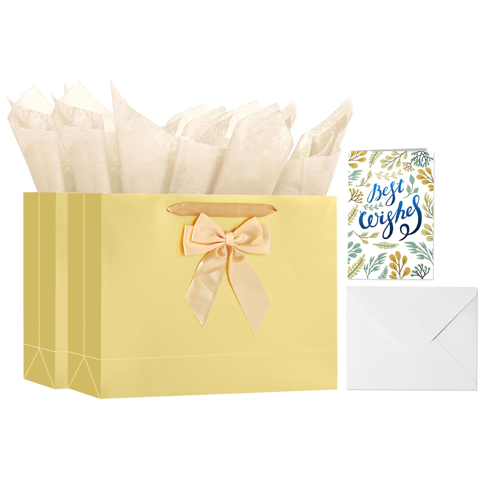 Birthday Gift Bag with Tissue Paper and Card(2 PCS Bright Gold, 13")