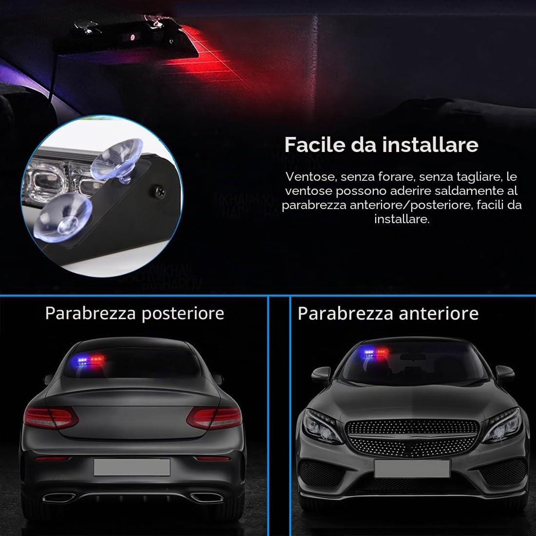 Luce stroboscopica di emergenza a LED rosso blu,Luci di sicurezza interne della polizia sul parabrezza con tazze di aspirazione,Luce lampeggiante di emergenza del cruscotto,per auto,autopompe,polizia