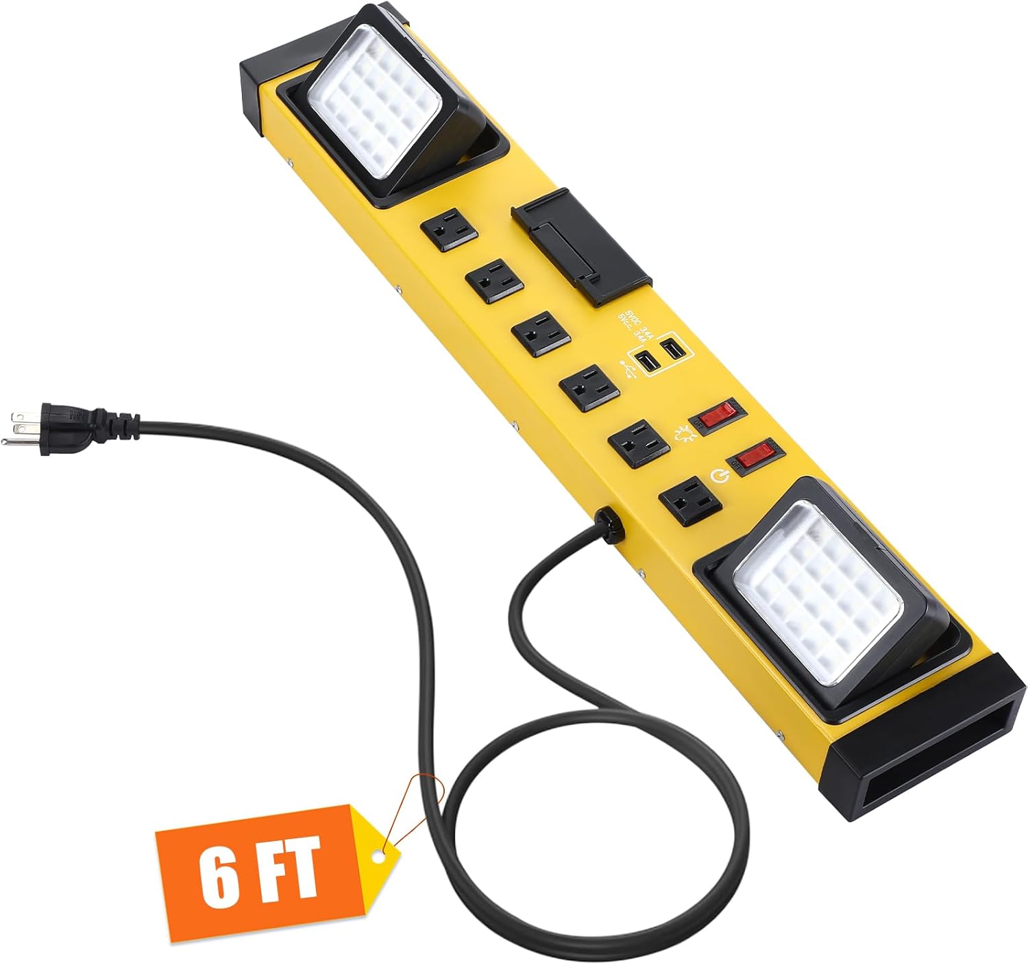 6 Outlets Power Strip with LED Worklight, Metal Heavy Duty Wall Mount Workbench Power Strip with 6FT 14/3 AWG Cord, 2 USB Ports, 15A Circuit Breaker for Home Office Garage Workshop