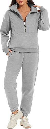 PEHMEA Conjunto deportivo de dos piezas de forro polar para mujer con media cremallera y pantalones deportivos