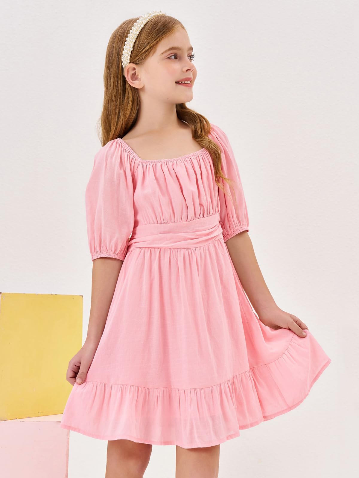 Haloumoning Vestidos de verano para niñas, de manga corta, cuello cuadrado, con cordones, espalda descubierta, volantes, acampanado, vestido de fiesta