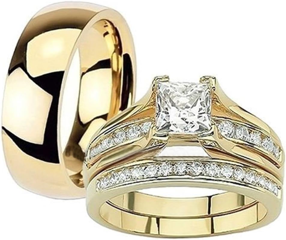 Marimor Jewelry Her and His 14K Gold Plated Stainless Steel 3 Piece Wedding Engagement Ring and Men's Band Set
