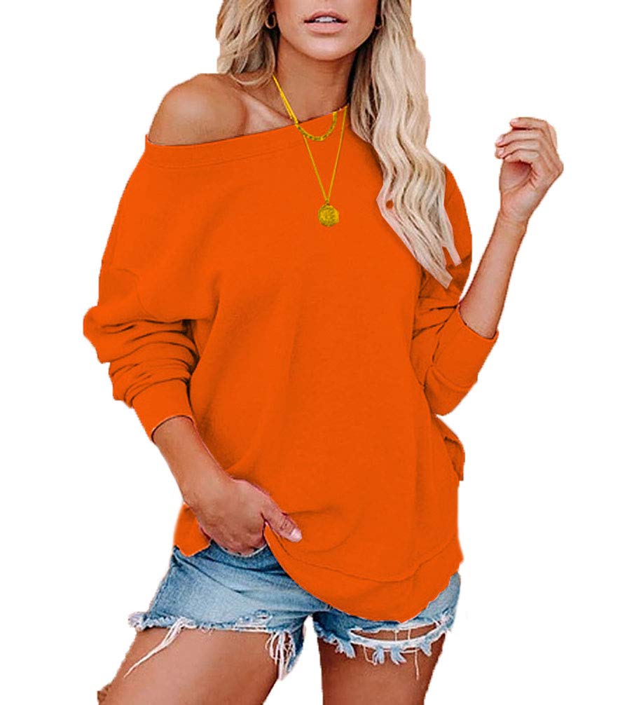 Damskie bluzy podstawowe z odkrytymi ramionami długie rękawy lekka bluzka z okrągłym dekoltem topy gładka tunika z rozcięciem boczny top, pomarańczowy, XL