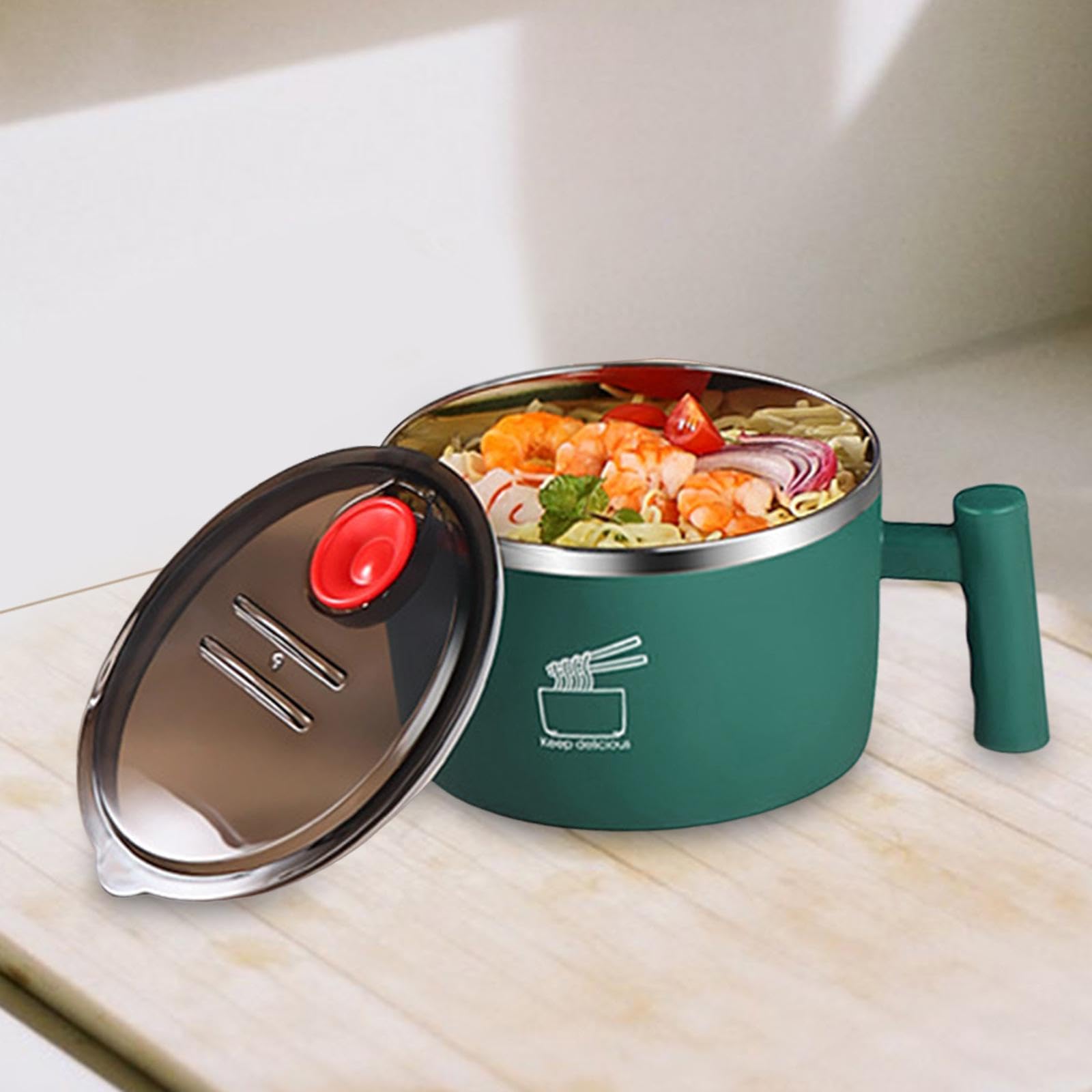 perfk Tazón de Ramen para ensalada, tazón de sopa Udon, vajilla de gran capacidad, cuencos portátiles para Fideos instantáneos con tapa y asa para, VERDE