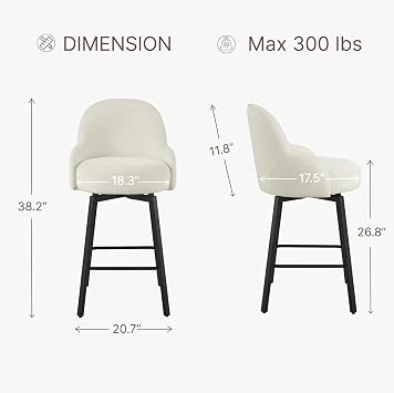 Counter Height Bar Stools Set of 2 with Back, 26''H Upholstered Swivel Barstools with Metal Leg, Modern Counter Stools for Kitchen Island, Home Bar, Pub,Beige