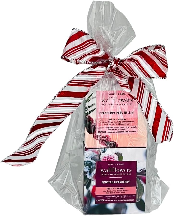 Bath & Body Works FROSTED CRANBERRY & CRANBERRY PEAR BELLINI Wallflowers Home Fragrance Refill 2pc bundle Gift Set with 30-Inch Red & White Candy Cane-Striped Holiday Ribbon Bow – Winter Scents