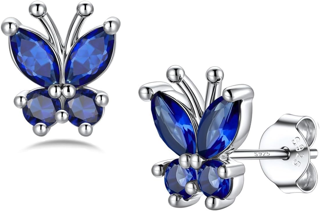 Silvora Birthstone Earrings for Women, 925 Sterling Silver Butterfly Stud, Small Butterfly Earrings Birthstone Jewelry