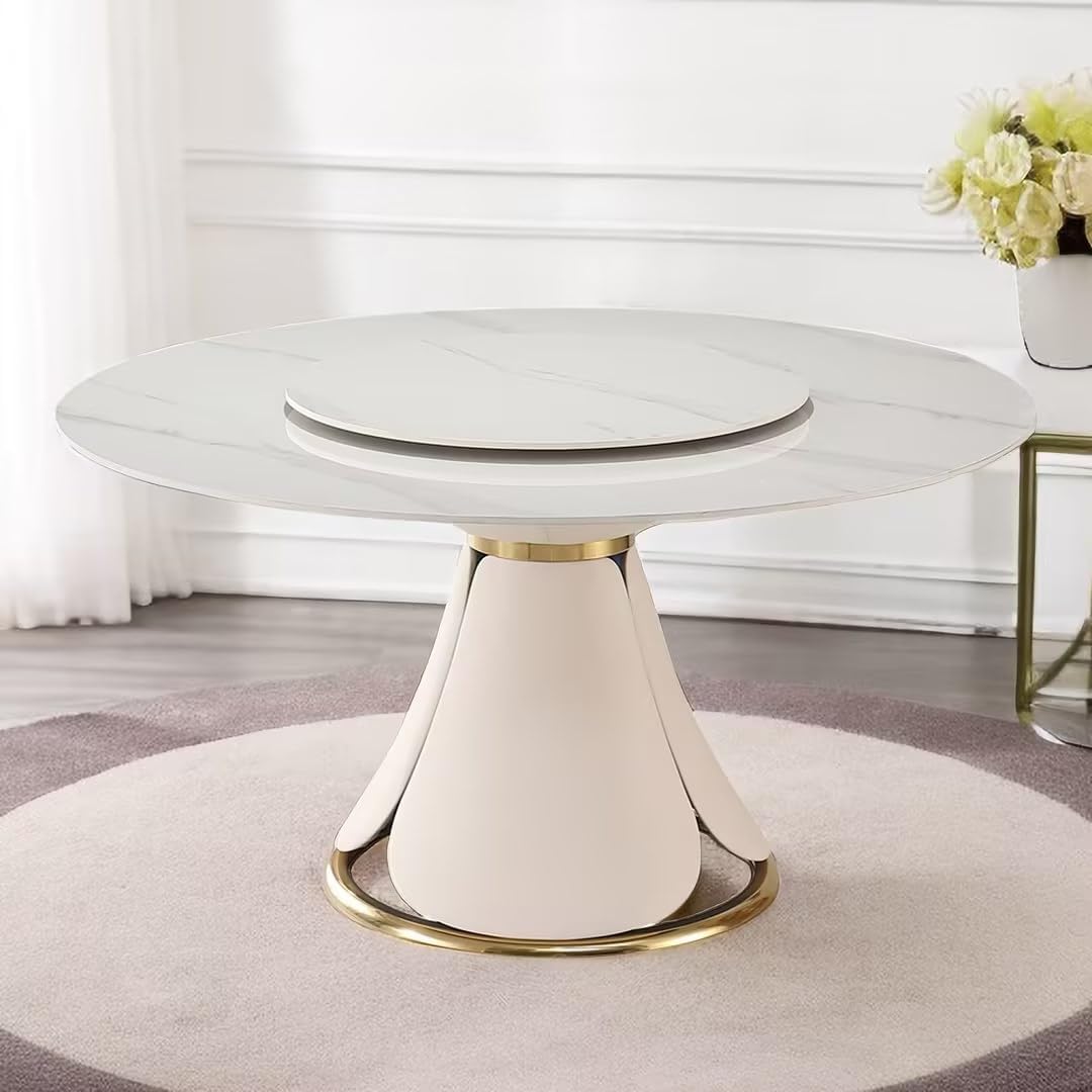 59" Sintered Stone Round Dining Table with Detachable Lazy Susan Modern Dinner Table with 31.5" Round Turntable, PU Leather and Metal Pedestal(Not Included Chairs)