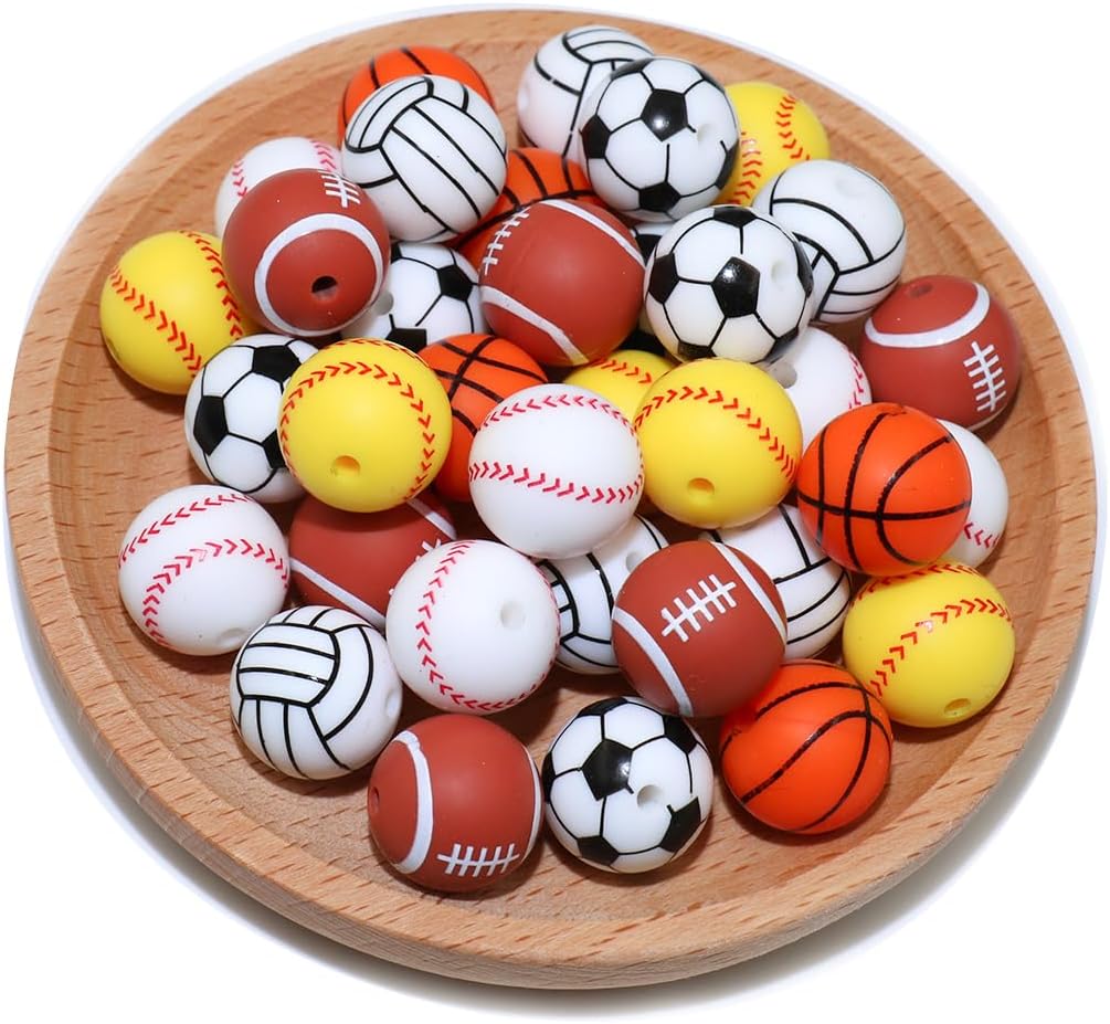 36pcs Silicone Beads for Pens Keychain Making 12mm Bulk Baseball Basketball Football Sport Focal Silicone Loose Beads Bracelet Necklace DIY Craft Jewelry Supplies