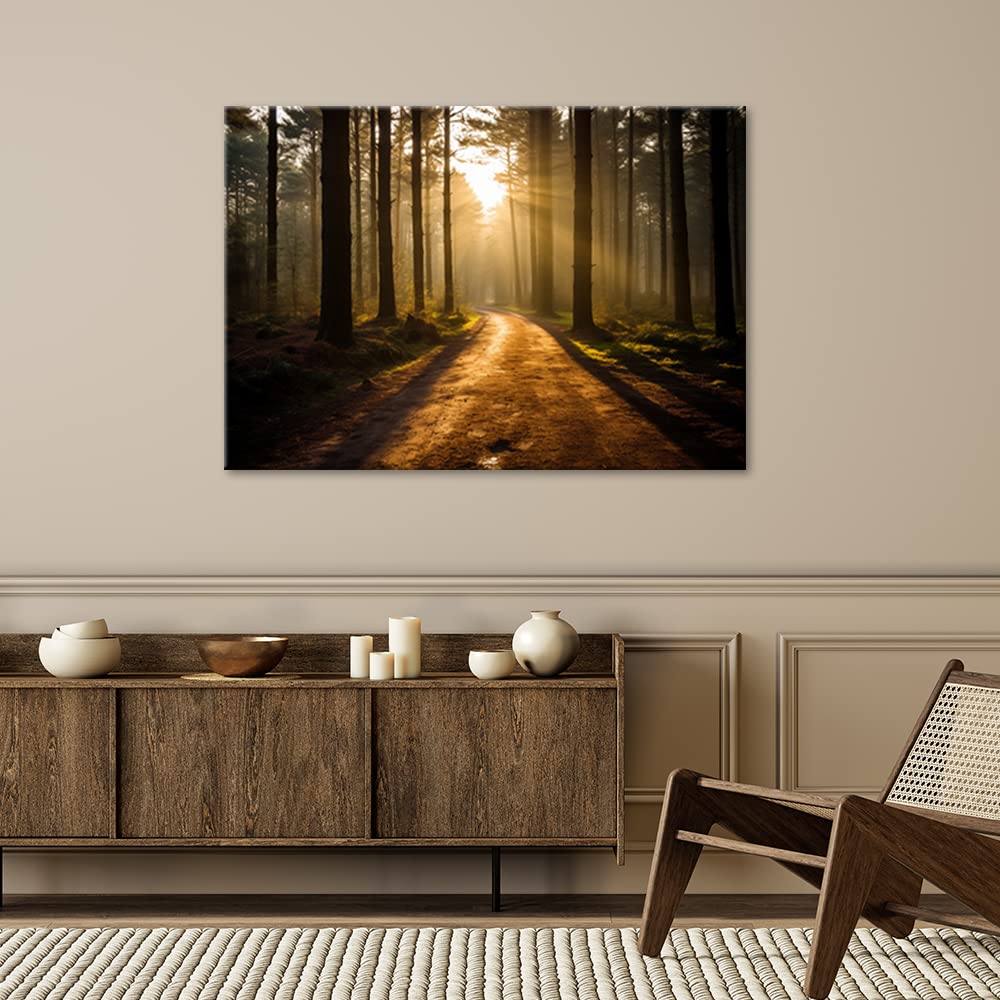 Feeby Leinwandbild Natur Wald Straße 100x70 cm Modern Kunstdruck Wanddeko