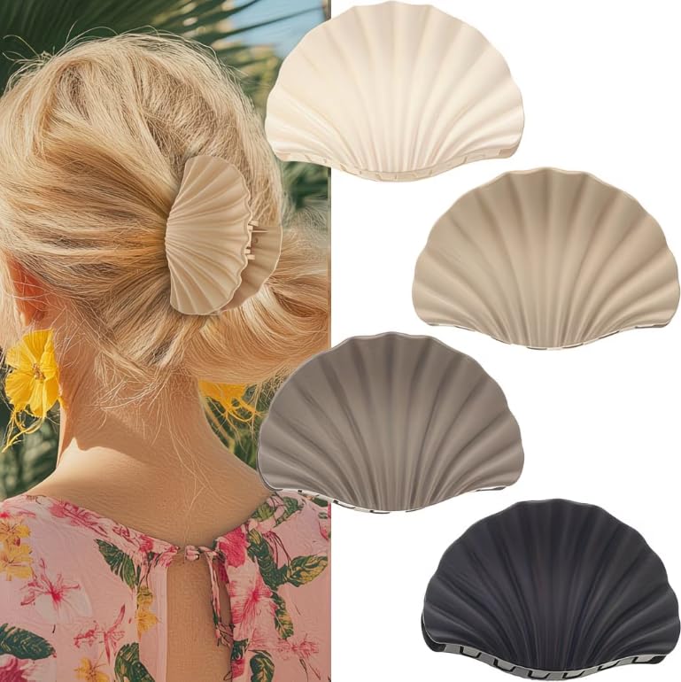 Shell Shape Hair Claw Clips for Women – Pack of 4 Large Matte Seashell Claw Clip Set for Thick & Thin Hair – Non-Slip Strong Hold Hair Clamp for Bun, Beach & Everyday Styling (Cream, Beige, Grey, Black)-image-41