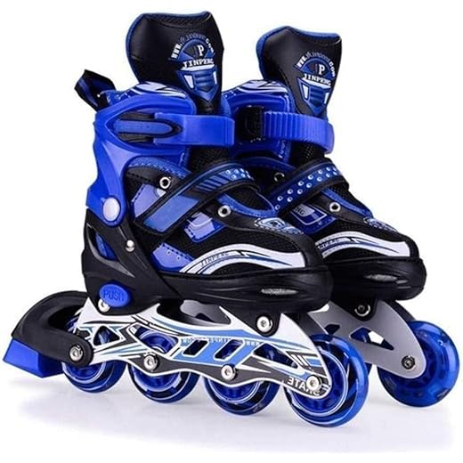 Rylan 4 Wheels Adjustable Inline Skates for Boys Girls Kids Age 6-15 - Skating Shoes With PU Strong Wheels, Aluminum Frame, LED Flash Light (Blue)
