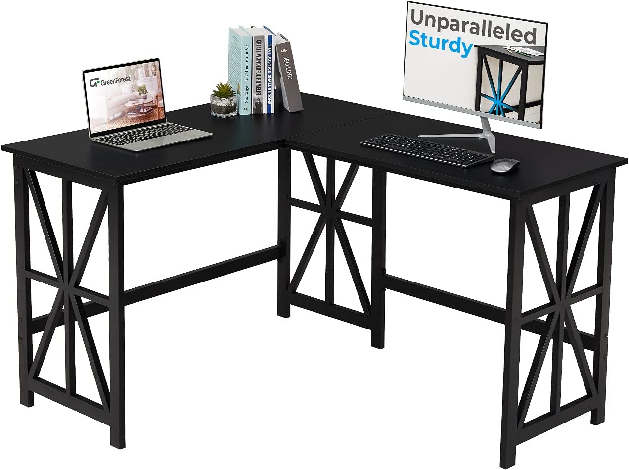GreenForest L Shaped Corner Desk, Industrial Style Compact Design Computer Gaming Desk PC Laptop Workstation for Home Office, Black: Kitchen & Dining