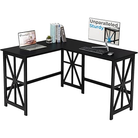 Amazon Com Sogespower L Shaped Corner Computer Desk With Pc Holder Multifunctional Computer Table Workstation Black Home Kitchen