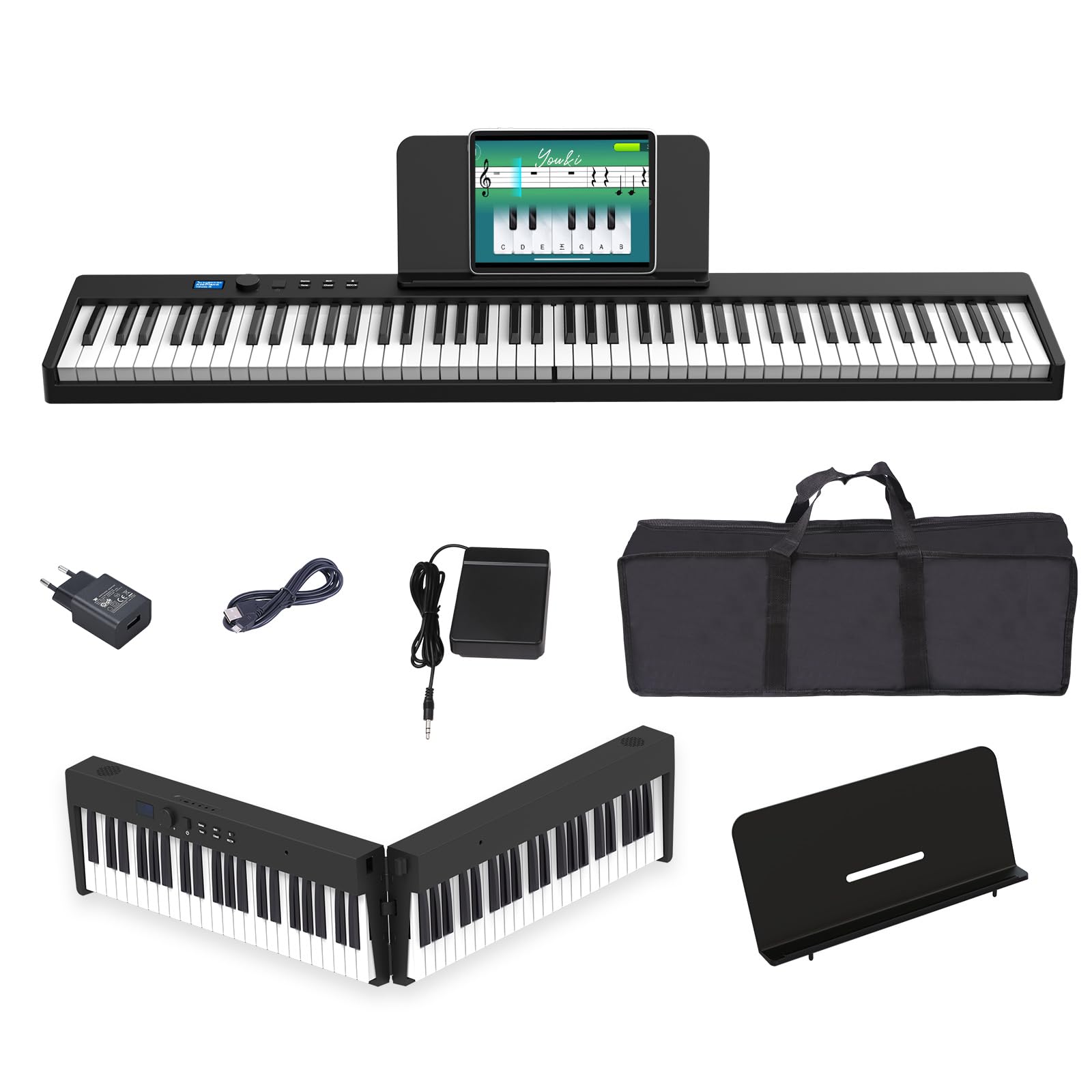 Pianoforte digitale pieghevole a 88 tasti, tastiera semiponderata di dimensioni originali, Bluetooth MIDI, pianoforte elettrico portatile con pedale di sostegno, leggio e borsa per il trasporto