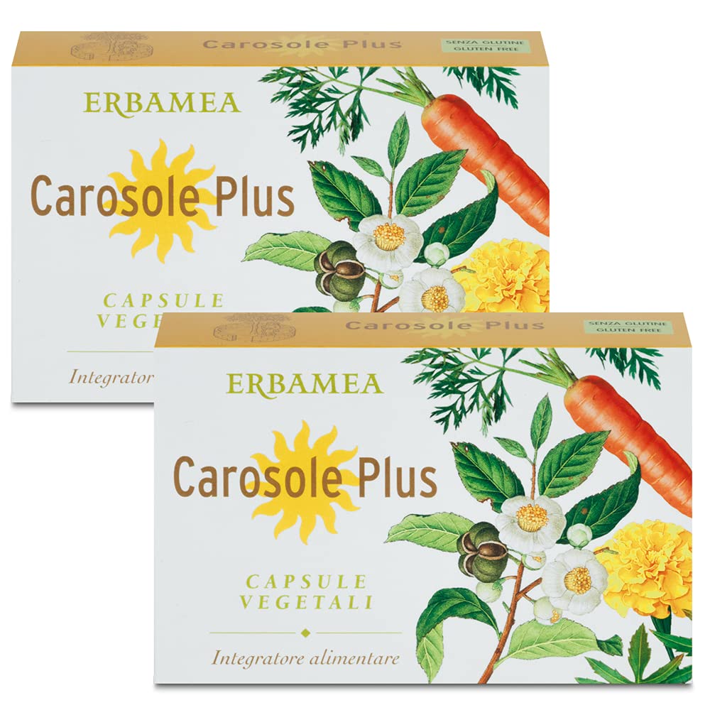 2x Erbamea - CAROSOLE PLUS - 24 capsule - Abbronzatura, Melanina, beta-carotene, coenzima Q10, L-tirosina, Integratore - Pacchetto da 2 confezione da 24 compr. + in OMAGGIO 2 Tisane Funzionali Viropa
