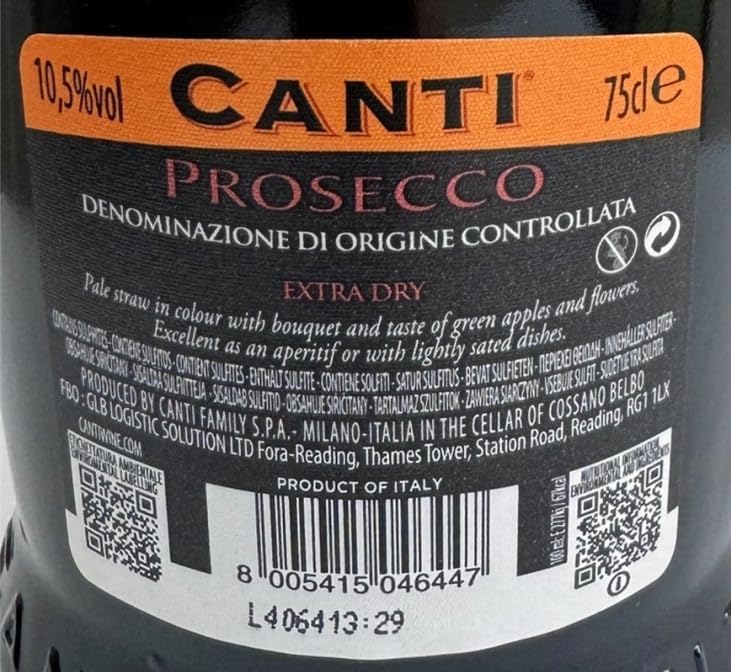 Canti - Prosecco D.O.C. Extra Dry Millesimato, Vino Espumoso Italiano, Uva Italiana Glera de Veneto, Sabor Afrutado y Floral, 6x750 ml Multipack 6x750ml Blanco