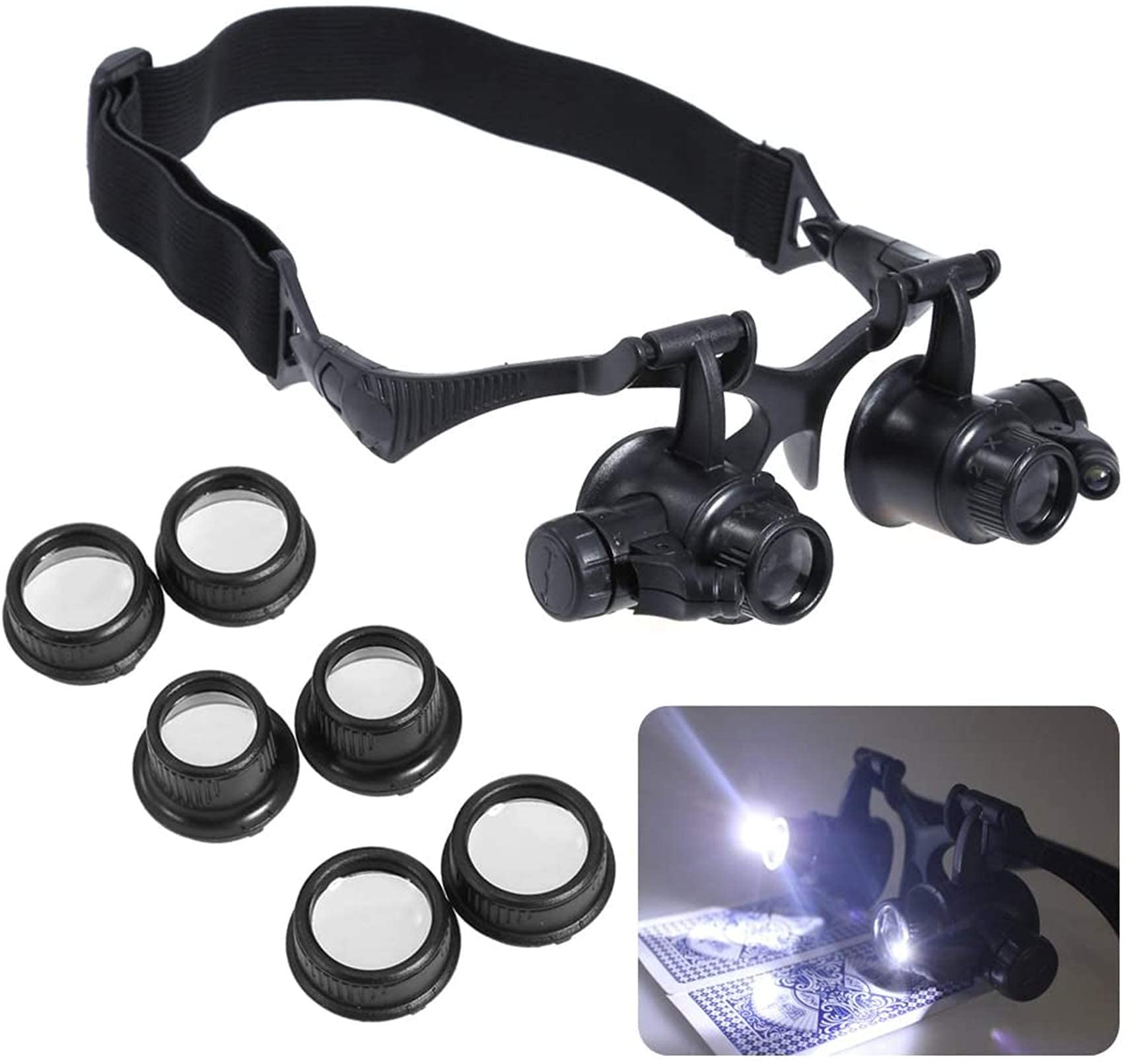 Kopfbandlupe, Handlupe, Kopfmontierte Lupe, 10x, 15x, 20x, 25x Uhrmacherlupe mit 2 LED-Leuchten, linken und rechten Doppelaugenklappen, Halterung und Kopfbandlupe