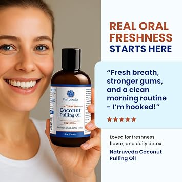 Natruveda Cinnamon Coconut Pulling Oil, 8 oz | Advanced Ayurvedic Oil Pulling Mouthwash with Virgin Coconut Oil, Clove & Sesame | Alcohol-Free Oral Care