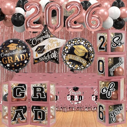 Image of Black and Pink Graduation Decorations Class of 2026 - Graduation Balloon Boxes, Balloon Arch Garland Kit, Fringe Curtains, Party Decorations 2026 for Any Grades