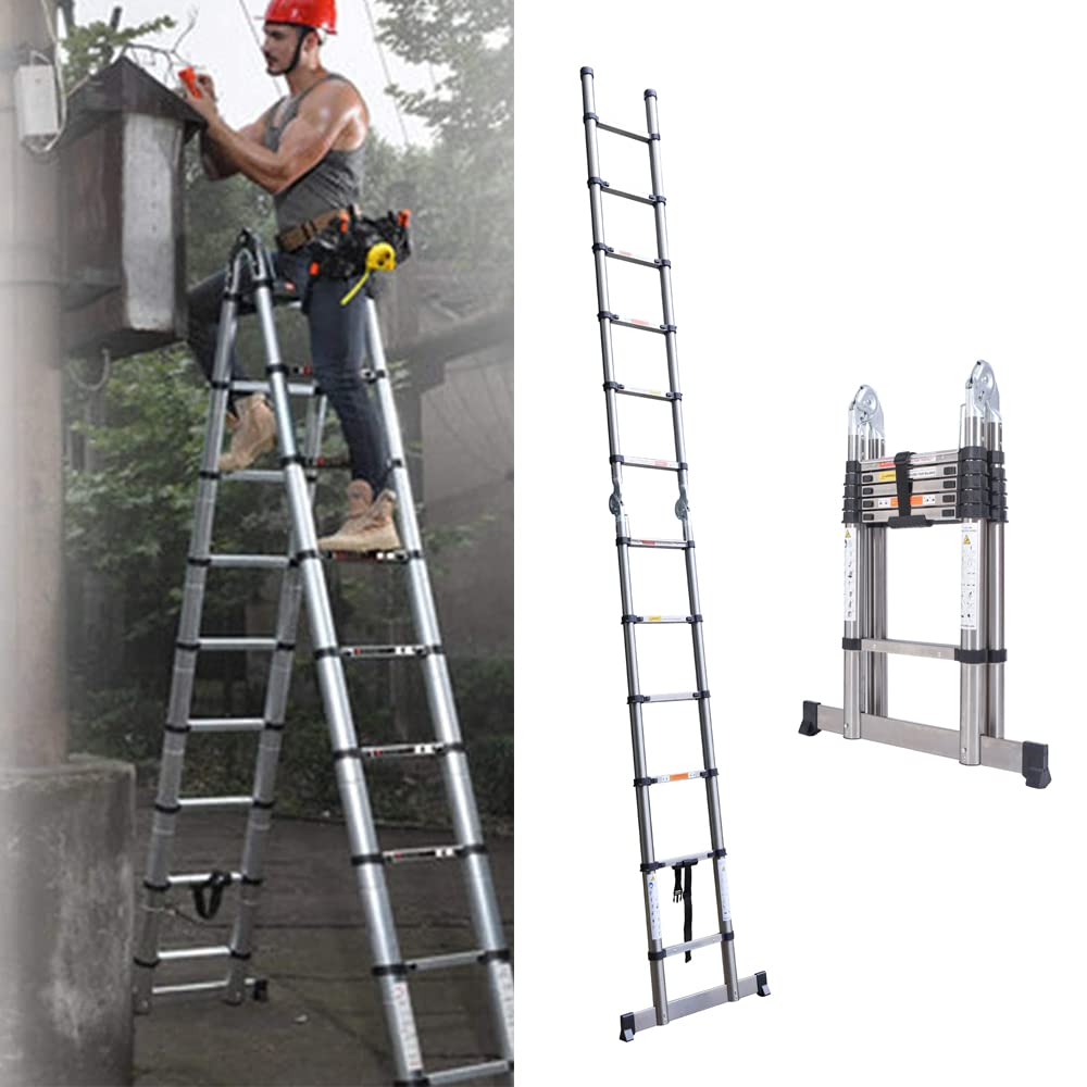 Escaleras Telescópica de 3,8M, Escalera Plegable Portátil con Marco en A, Escaleras Extensibles de Acero Inoxidable, Escalera Antideslizante Multiusos para el Hogar, Capacidad de Carga 330lbs