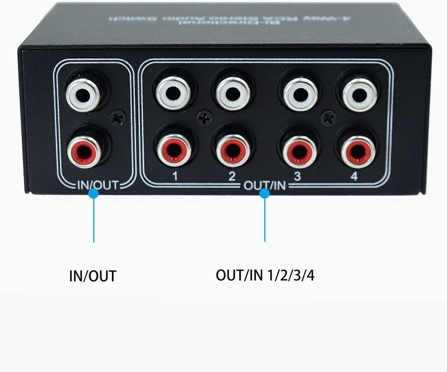No External Power No Noise 4 Way 1 in 4 Out or 4 in 1 Out Audio Sound selector RCA Female Stereo 4 Channel Splitter switcher Box Switching