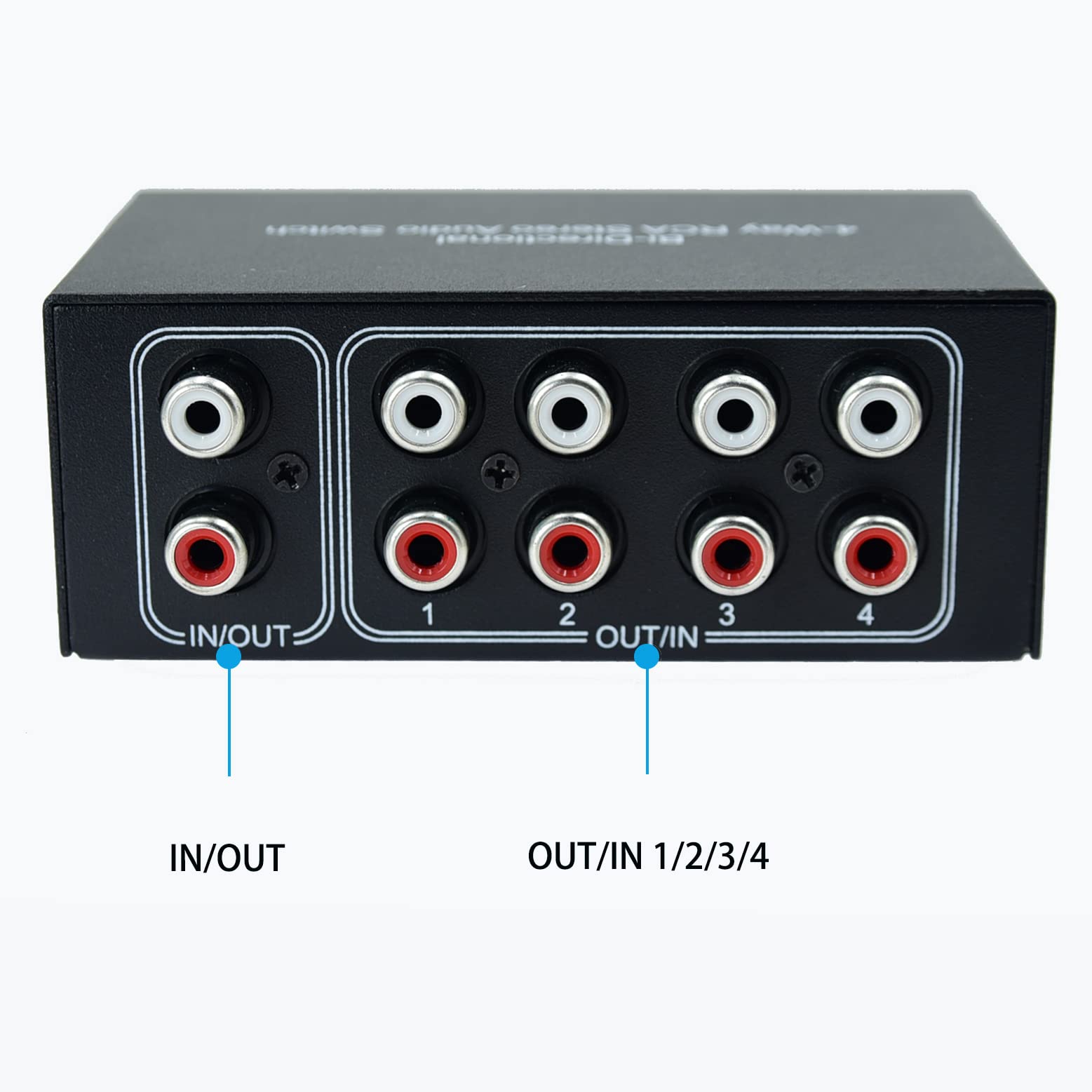 Sin alimentación externa, sin ruido, 4 vías, 1 en 4 salidas o 4 en 1, selector de sonido de audio RCA hembra estéreo de 4 canales, conmutación de caja
