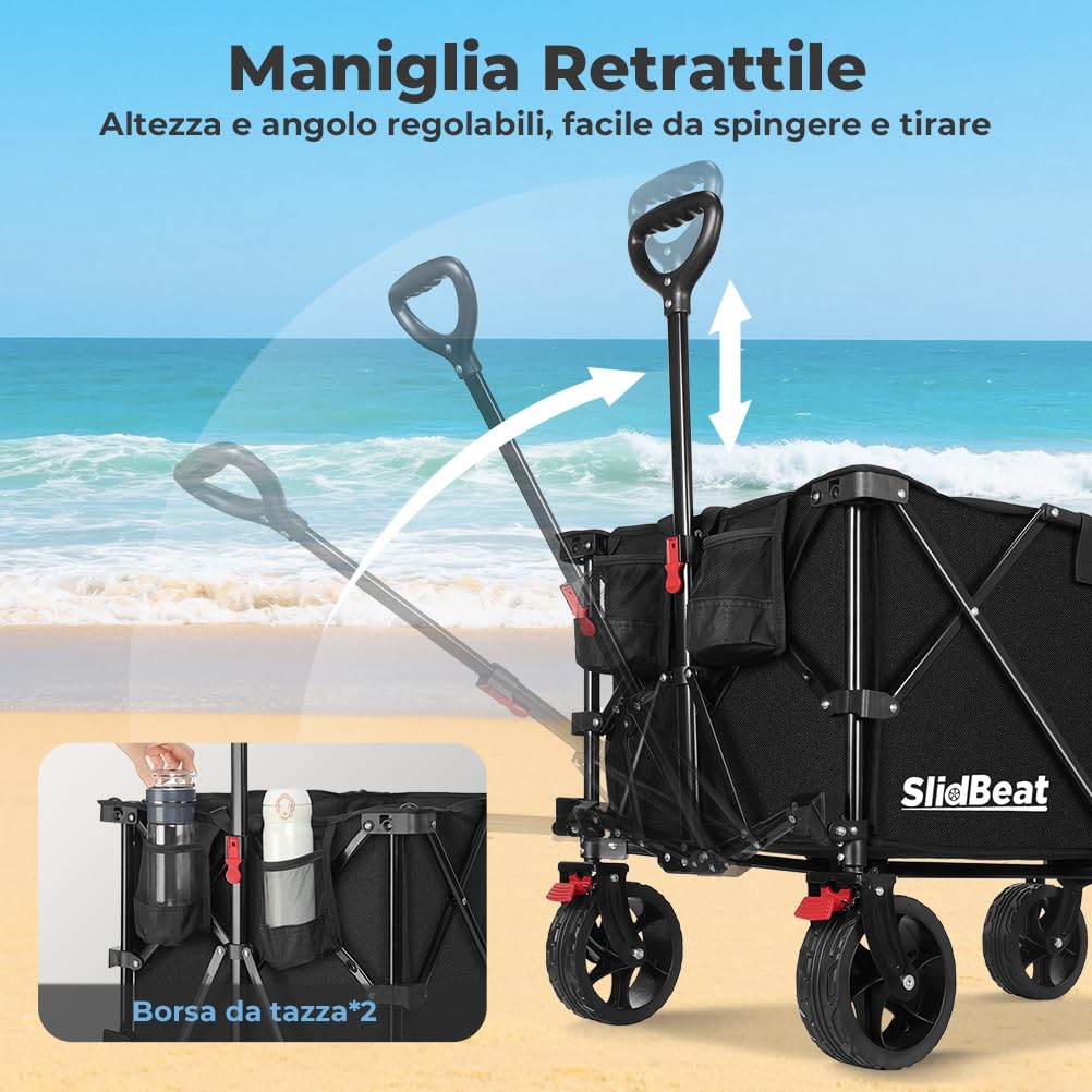 SLIDBEAT - Carrello da Giardino Pieghevole 220L, Carrello Spiaggia con Ruote Grandi, per Rimorchio per Giardino da Campeggio all'aperto Ogni Tipo di Terreno, Portata fino a 150kg