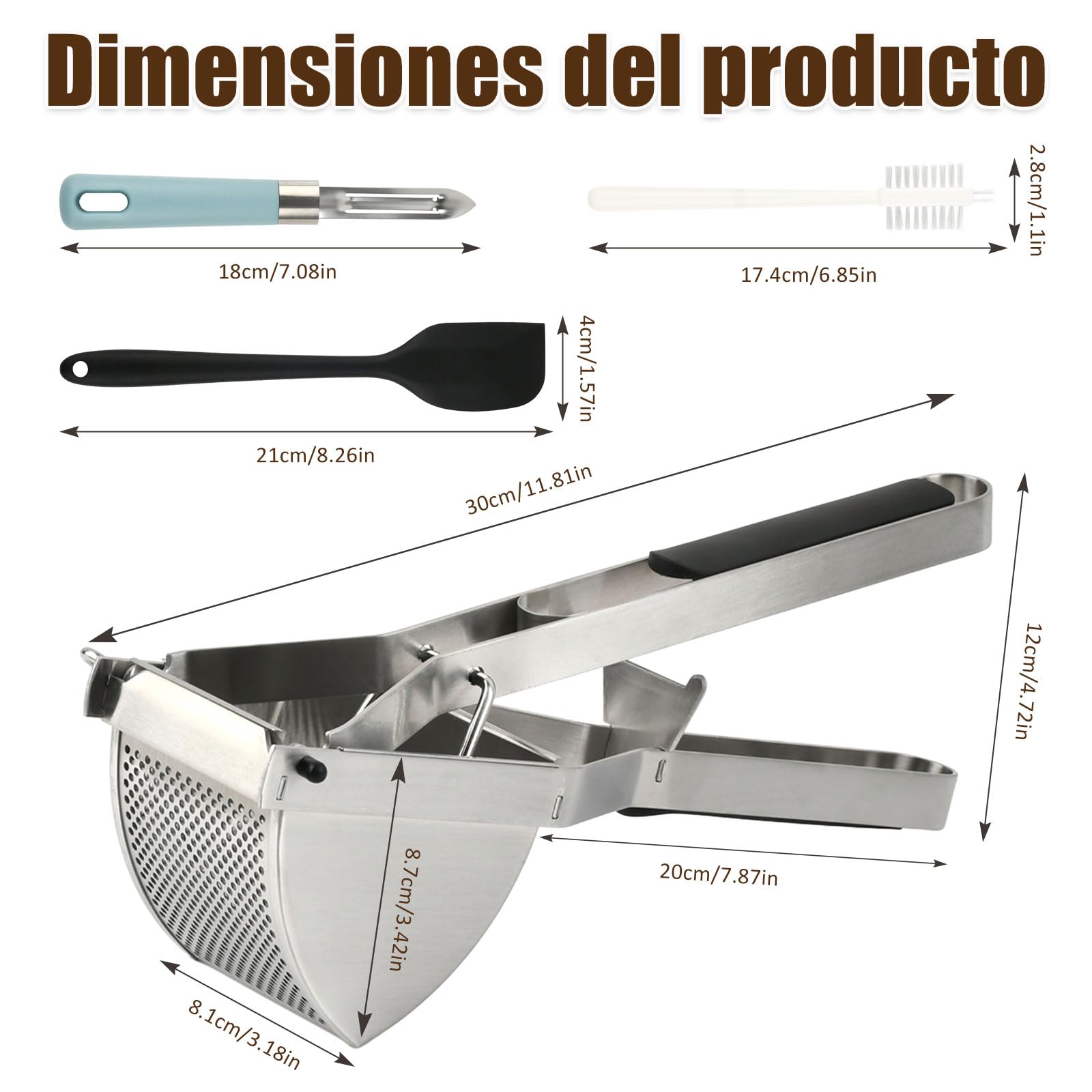 Prensa Patatas de Acero Inoxidable – Pasapures Acero Inoxidable con Capacidad 650ml, incl. Pelador, Cepillo de Limpieza y Espátula de Silicone