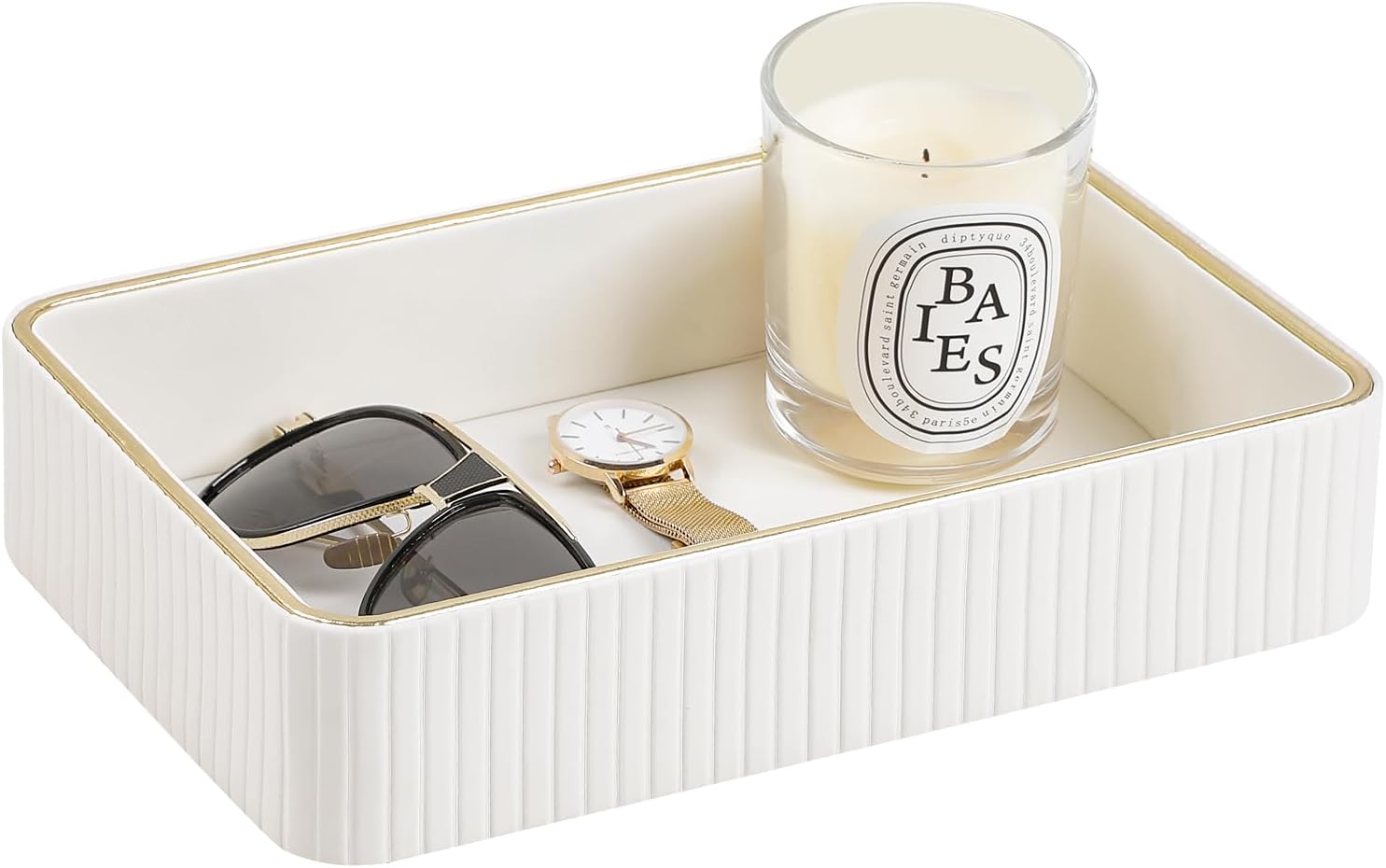 Desk Organizer Tray, PU Leather Valet Tray Nightstand Organizer Cologne Perfume Trays for Men Women, Decorative Vanity Trays Key Bowl Trinket Dish (Ivory, 10.3″ x 6.7″ x 2.2″)