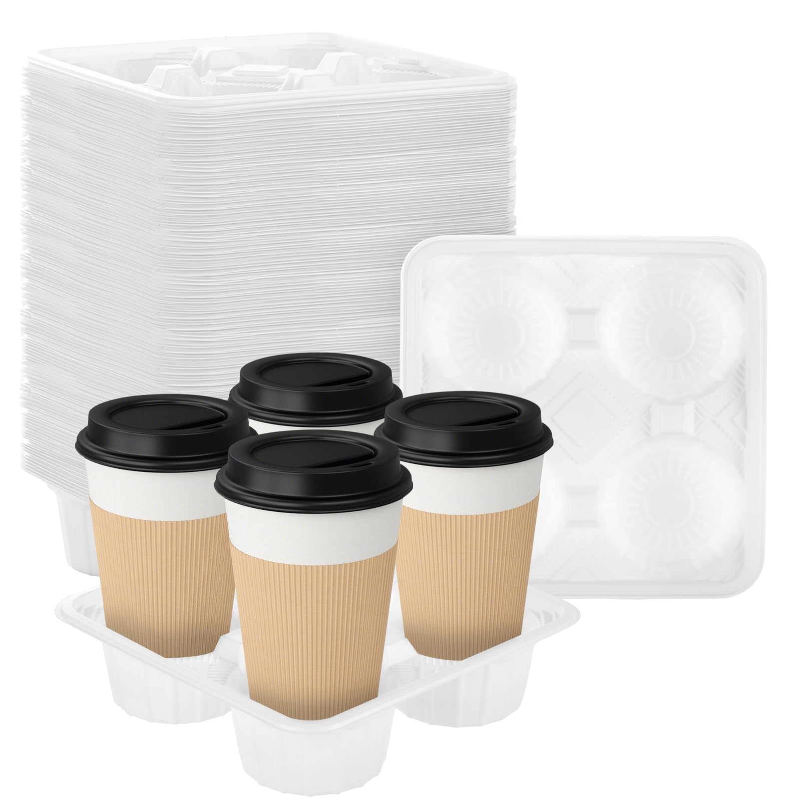 250PCS 4 Cup Disposable Drink Carrier Trays, PP Cup Holder for 8-32 oz Cup, Durable Drink Carrier for Hot or Cold Drinks, Uber Eats - to Go Coffee Cup Holder for Food Delivery Service,White