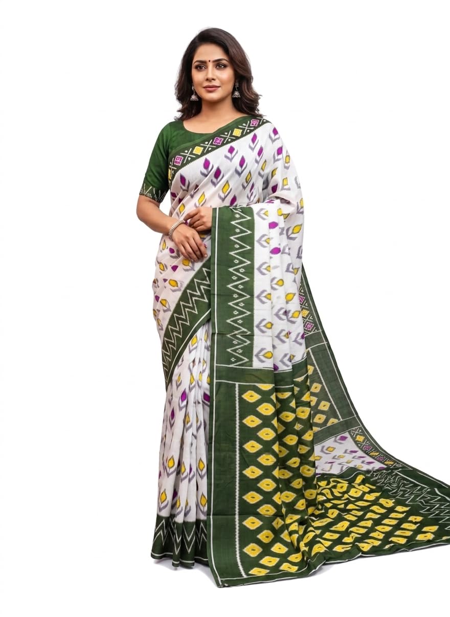 Elegant White & Forest Green Ikat Print Cotton Silk Saree with Contrast Border & Pallu-picture-35