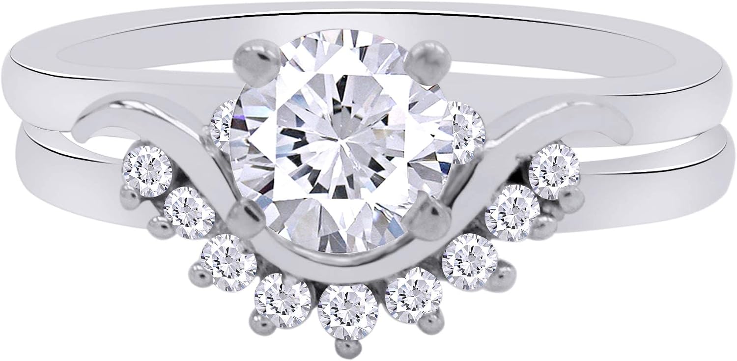 AFFY 0.34 Carat Round White Cubic Zirconia One Side Enhancer Guard Ring 14K Gold Over Sterling Silver