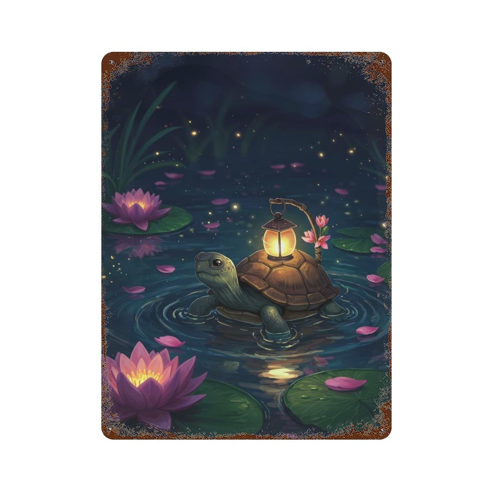 Garage Style Turtle with Lantern in Lily Pond Rusty Metal Tin Sign 15.7"x11.8", Farmhouse Wall Decor for Bar And Workshop