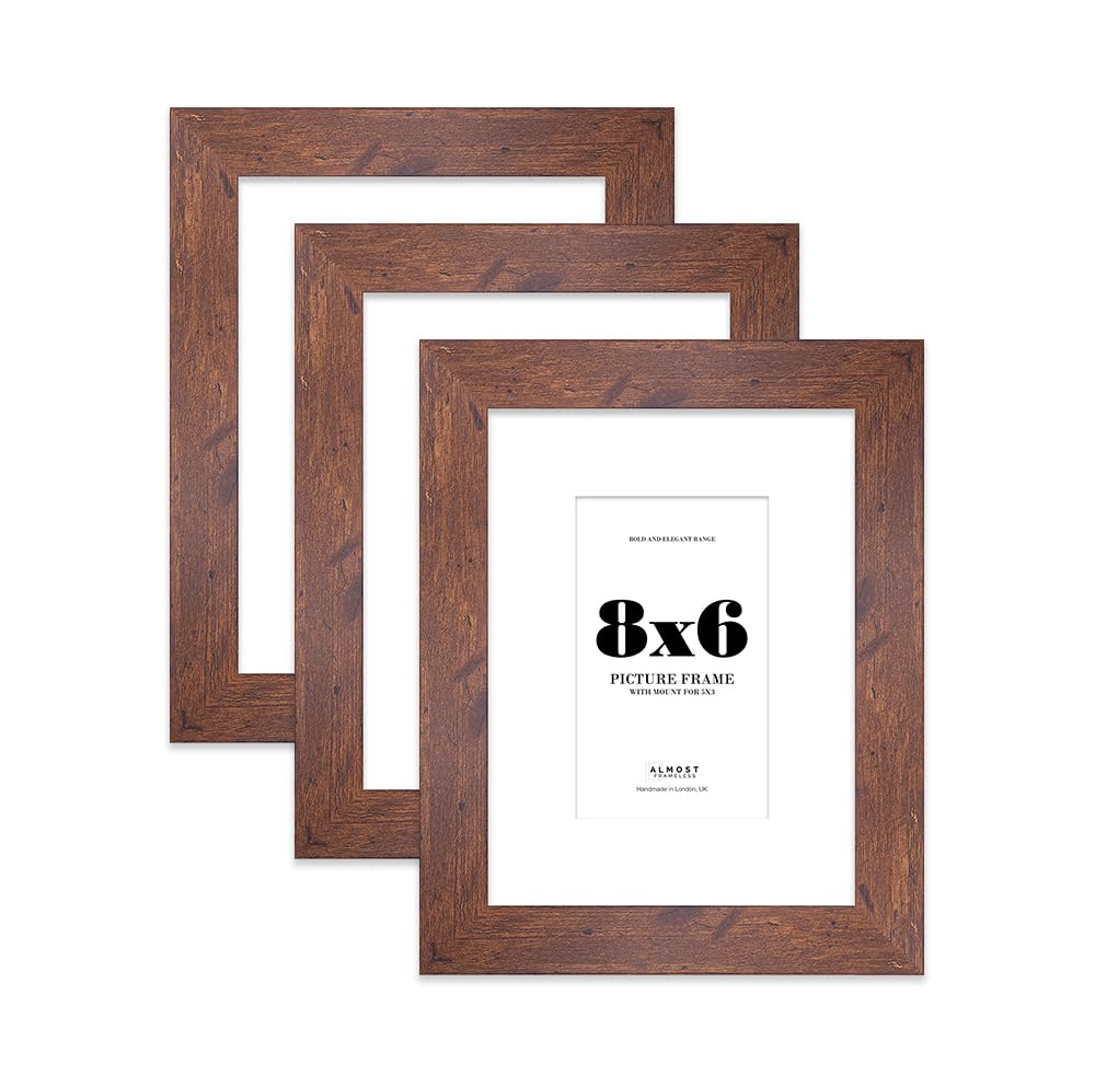 8x6 Rustic Wood Frame With Mount for 5x3 Pictures 28mm Edge Portrait and Landscape Display with Wall Hooks and Kickstand, 3 Pack