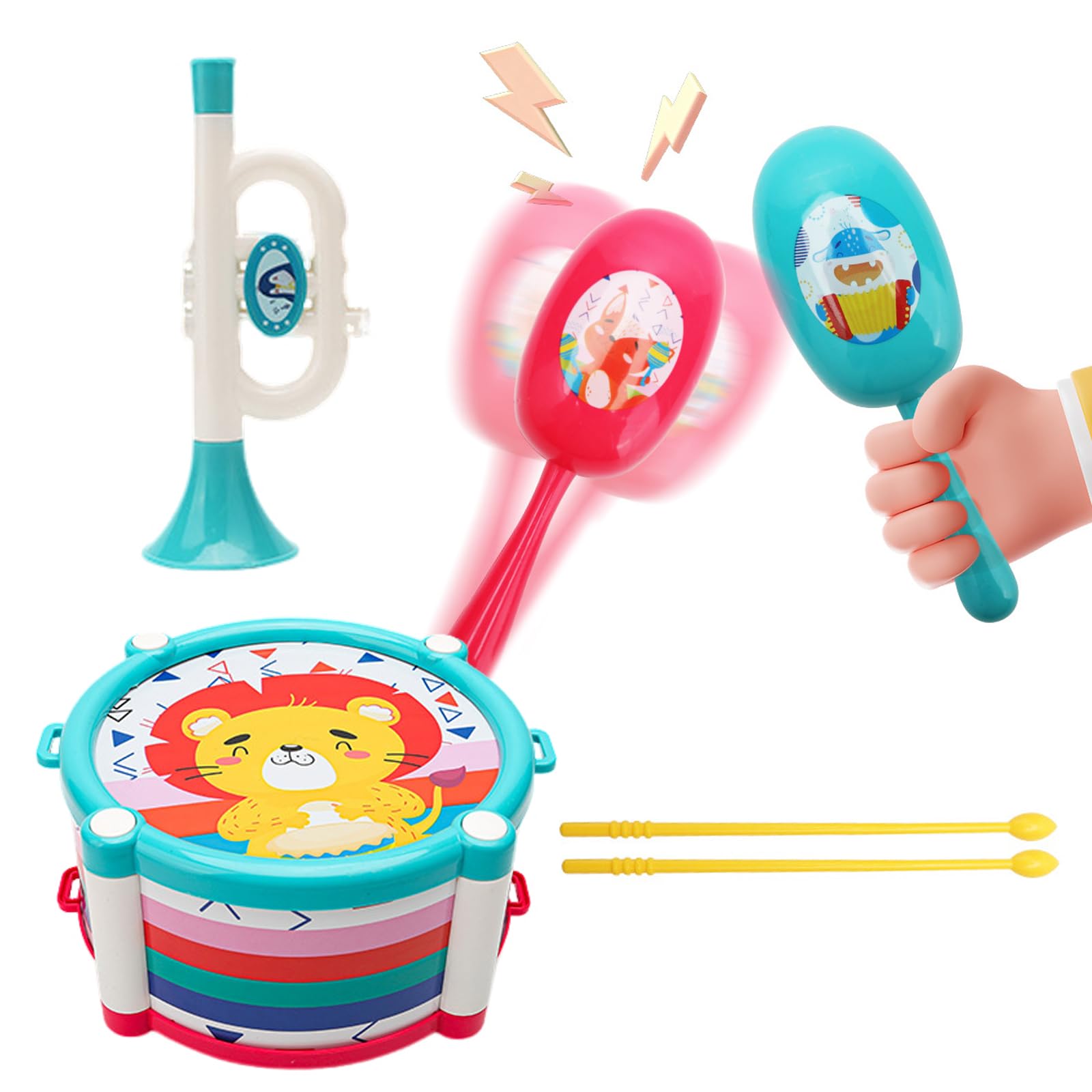 Alwodici 6pcs Baby Musical Instruments Drum Sand Hammer Horn Toy Set Early Education Percussion Instrument Promote Hand Eye Coordination Sensory Development Suitable For 123 Years Old Boys Girls Kids