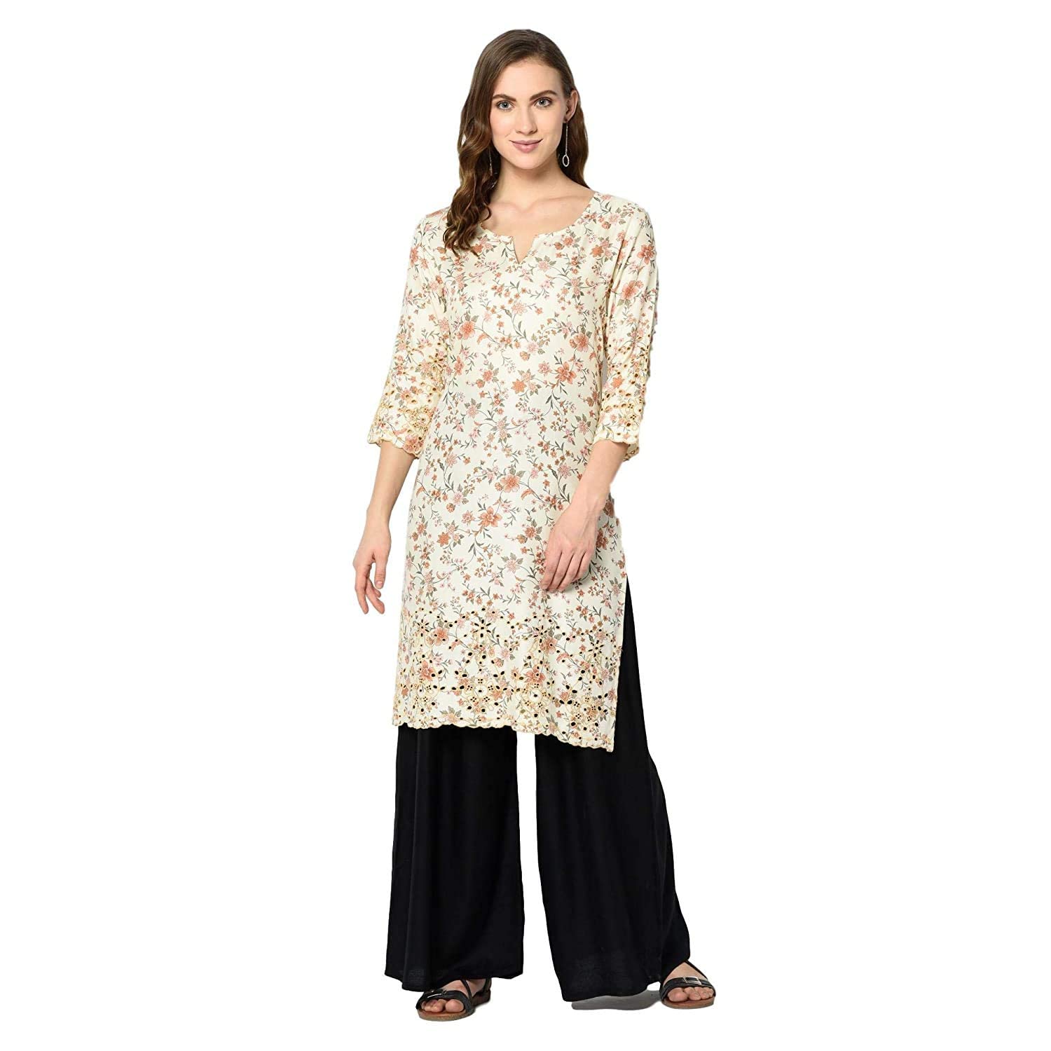Enew - Women's Cotton Straight Printed Kurta (Off- White) (Cotton, Large)