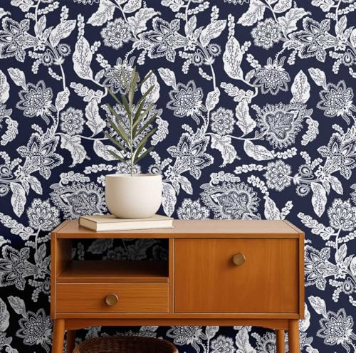 Papel pintado botánico de vinilo resistente estilo rústico azul 2