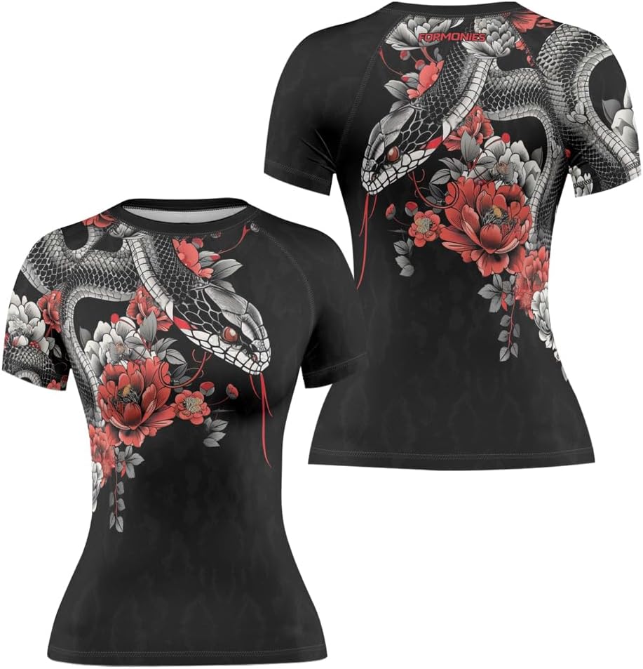 FORMONIES Snake Combat Rash Guard for Women – Short Sleeve Base Layer for No-Gi Grappling BJJ and MMA