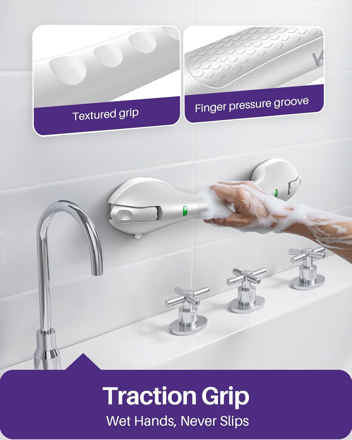 KEKOY 17.5 Inch Suction Grab Bars for Bathtubs & Showers with Indicator 2 Pack- Heavy Duty Safety Shower Handle for Seniors and Elderly, Handicap Bars for Bathroom, No Drilling, Silver